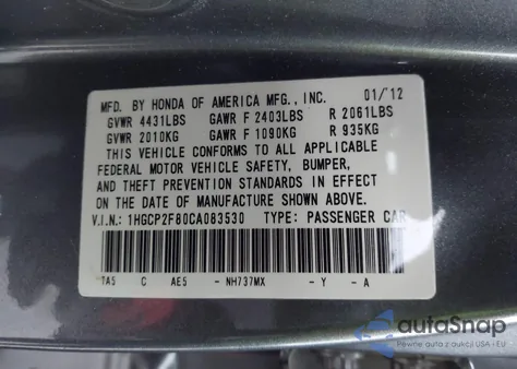 2012 Honda Accord 2.4 Ex-L z USA, uszkodzony, nr VIN 1HGCP2F80CA083530